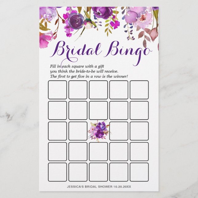 DOUBLE SIDED Purple Floral Bridal Shower Game (Front)