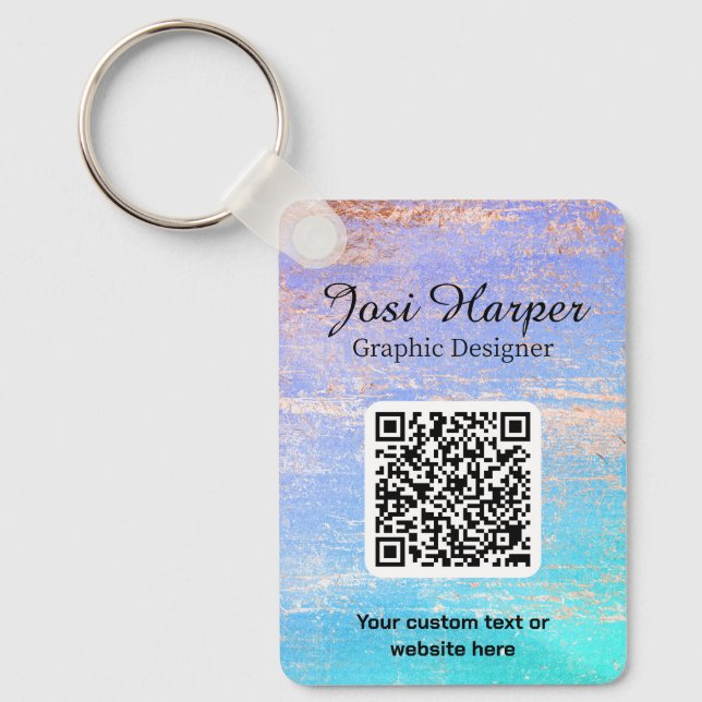 Double Sided QR Code Purple Teal Golden Business Key Ring (Front)