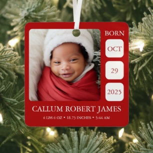 Double-Sided Red Baby Birth Stats Metal Ornament
