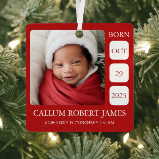 Double-Sided Red Baby Birth Stats Metal Ornament