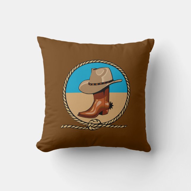 Double Sided Rodeo Brown Cowboy Boots and Hat Cushion (Front)