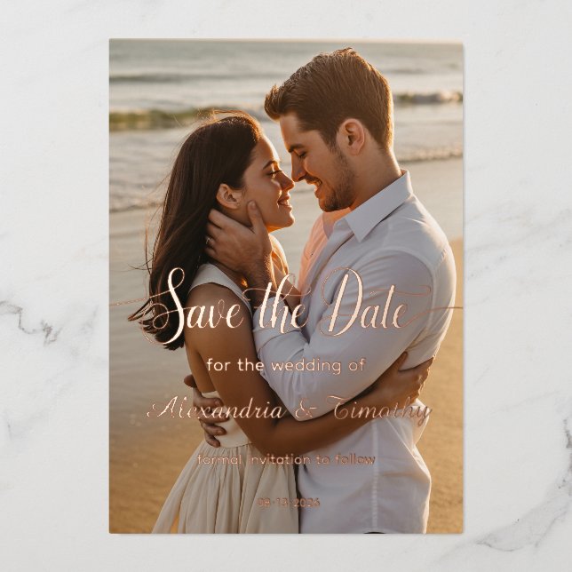 Double sided rose gold foil save the date photo  (Front)