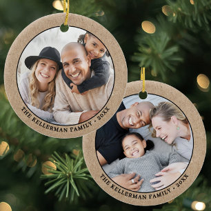 Double Sided Rustic Two Photo Christmas Ceramic Tree Decoration