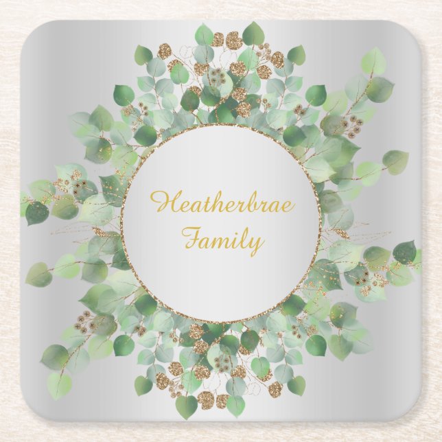 DOUBLE SIDED SILVER EUCALYPTUS BRANCH  CUTTING BOA SQUARE PAPER COASTER (Front)