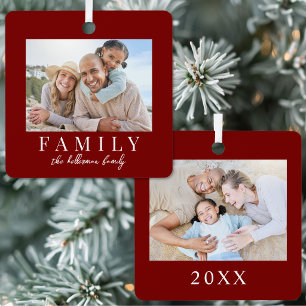 Double Sided Simple Red Family Two Photo Christmas Metal Tree Decoration