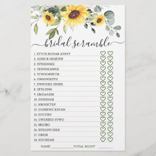 DOUBLE SIDED Sunflowers Eucalyptus Bridal Game