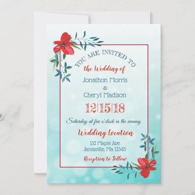 Double Sided Teal & Red Flower Wedding Invitation (Front)