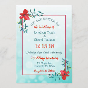 Double Sided Teal & Red Flower Wedding Invitation