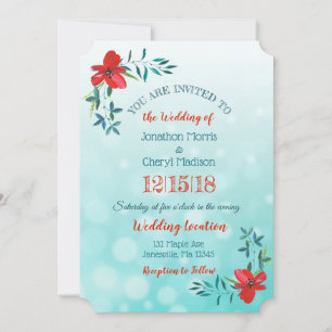 Double Sided Teal & Red Flower Wedding Invitation