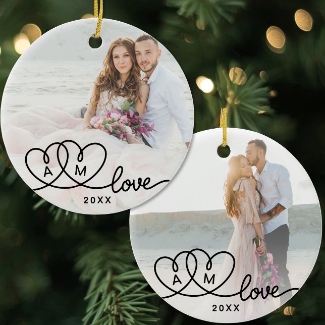 Double Sided Two Photo Script Love Ceramic Tree Decoration (Double Sided Two Photo Script Love Ceramic Ornament)