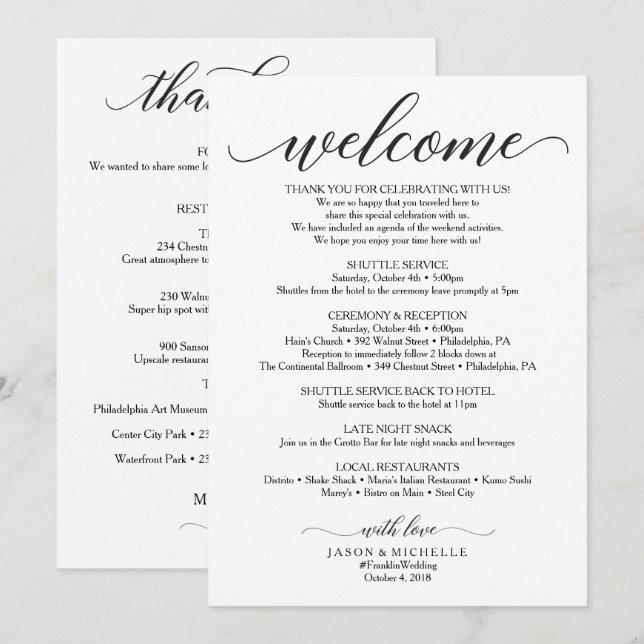 Double Sided Wedding Itinerary - Wedding Welcome Invitation (Front/Back)