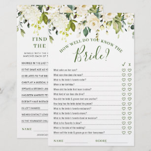 DOUBLE SIDED White Roses Floral Bridal Shower Game