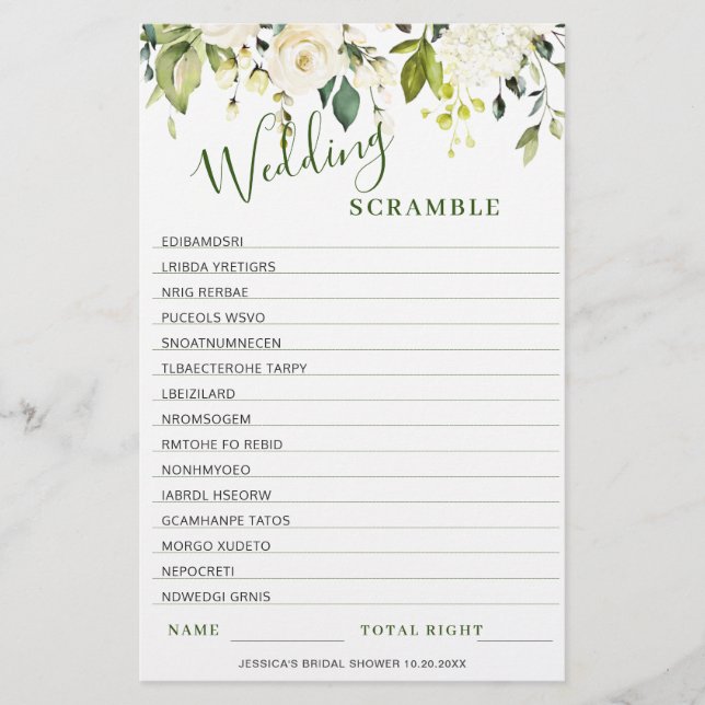 DOUBLE SIDED White Roses Floral Bridal Shower Game (Front)
