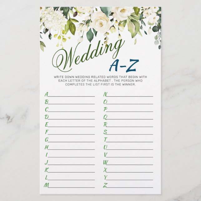 DOUBLE SIDED White Roses Floral Bridal Shower Game (Front)