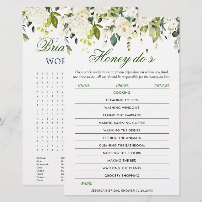 DOUBLE SIDED White Roses Floral Bridal Shower Game (Front/Back)