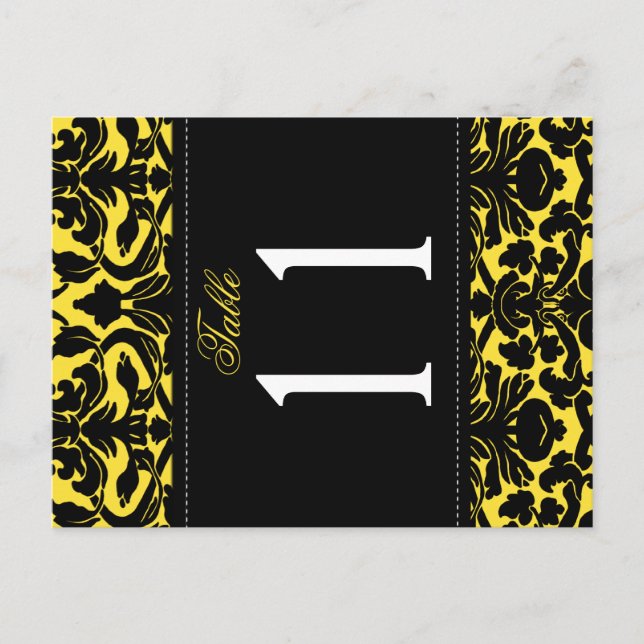 Double-sided Yellow and Black Damask Table Number Postcard (Front)