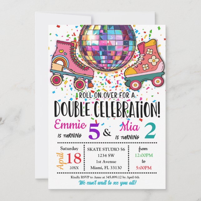 Double Sisters Bdays Celebration Roller Skating  Invitation (Front)