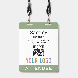 Double Slot Name Badge QR Code Logo Sage Green ID Badge