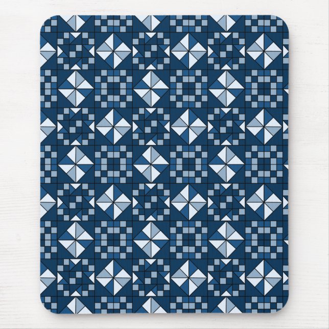 Double Star Chain Shades of Blue Quilt Mouse Mat (Front)