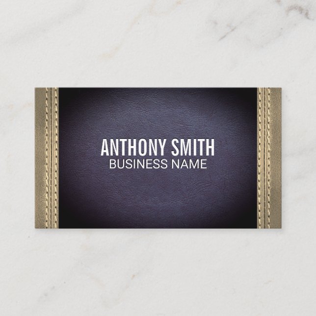 Double Stitched Deep Purple Sepia Leather Business Card (Front)