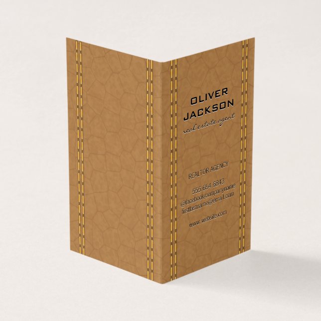 Double Stitched Tan Leather Business Card (Outside)