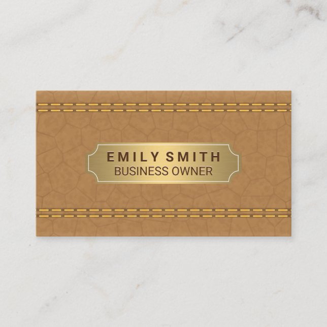 Double Stitched Tan Leather | Gold Metallic Plate Appointment Card (Front)