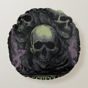 Double the darkness with this striking dual skull round cushion