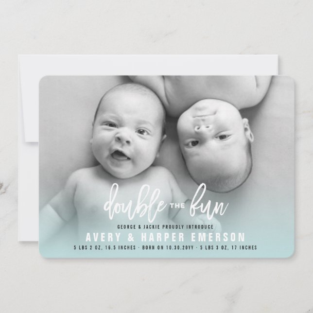 Double The Fun Baby Boy Twins Birth Announcement (Front)