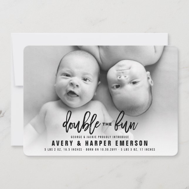 Double The Fun Boy Girl Twins Birth Announcement (Front)