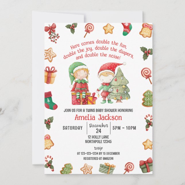 Double the Fun, Elves Christmas Twins Baby Shower Invitation (Front)
