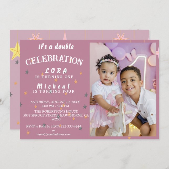  Double the Fun! Joint Sibling Birthday Bash  Invitation (Front/Back)