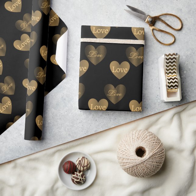 Double the Gold Love Hearts on Black Wrapping Paper (Crafts)