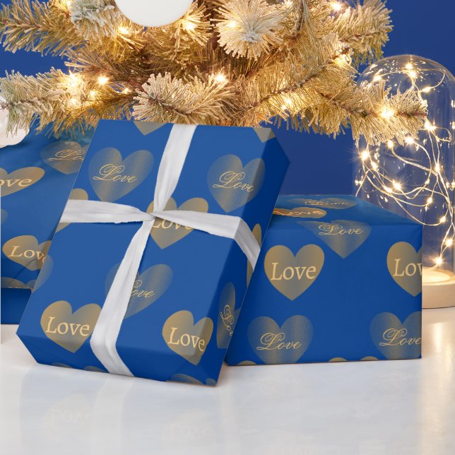 Double the Gold Love Hearts on Congress Blue Wrapping Paper (Holidays)