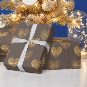 Double the Gold Love Hearts on Medium Taupe Wrapping Paper