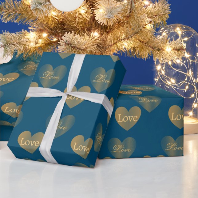 Double the Gold Love Hearts on Regal Blue Wrapping Paper (Holidays)
