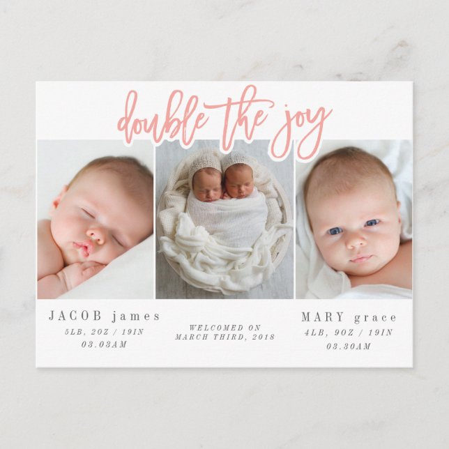 Double the joy twin birth announcement postcard (Front)