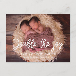 Double the joy twin birth announcement postcard