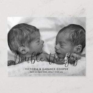 Double the joy twin birth photo announcement postcard