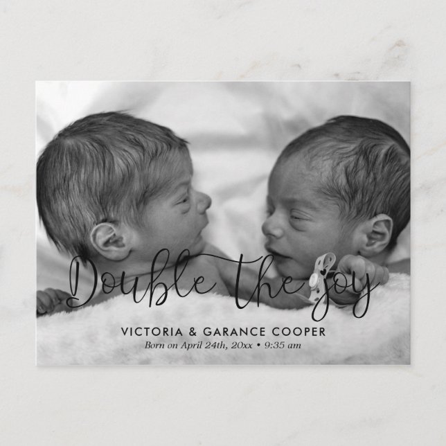 Double the joy twin birth photo announcement postcard (Front)