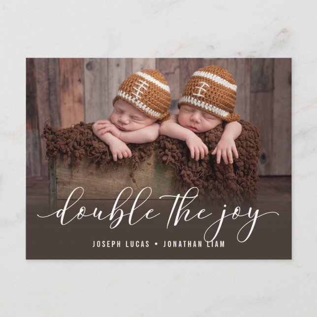 Double The Joy Twin Photo Birth Announcement Postcard (Front)