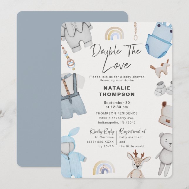 Double the Love Clothes Twin Boys Baby Shower Invitation (Front/Back)