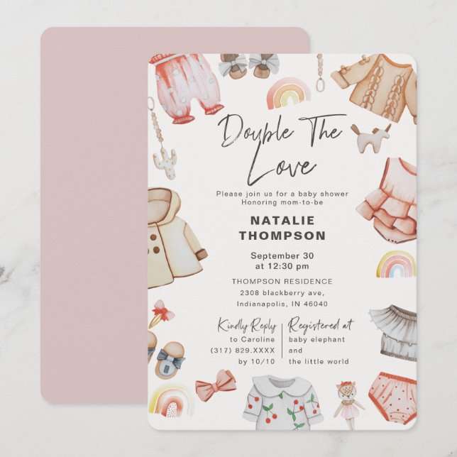 Double The Love Girl Twins Pink Baby Shower Invitation (Front/Back)
