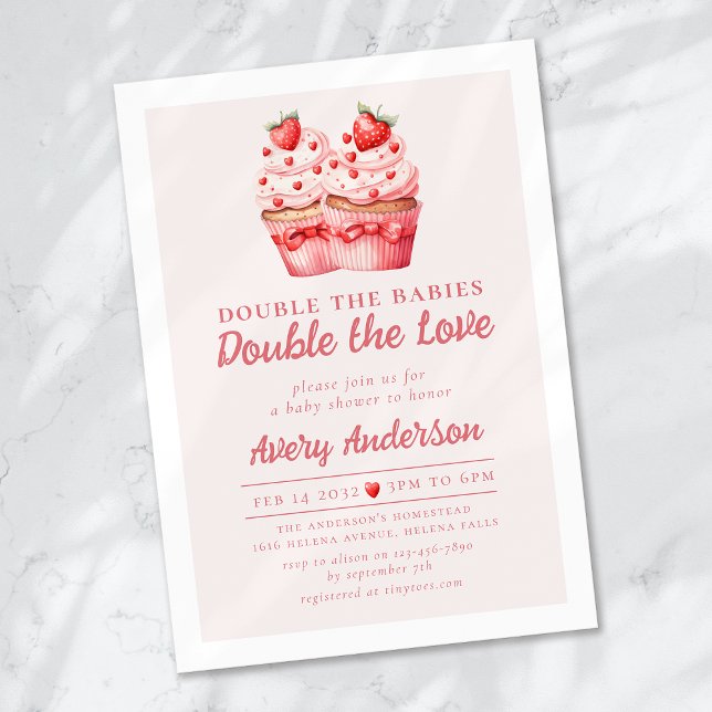 Double the Love Pink Cupcake Twin Baby Shower Invitation (Creator Uploaded)