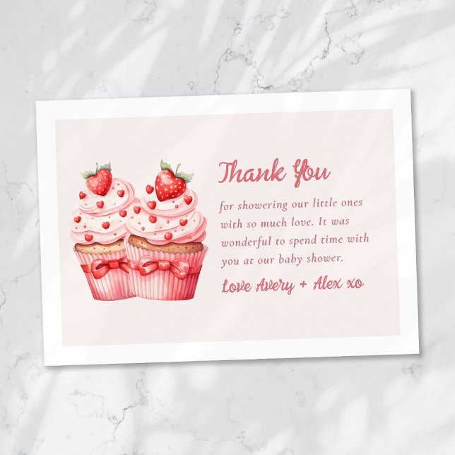 Double the Love Pink Cupcake Twin Baby Shower Thank You Card (Creator Uploaded)