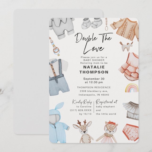 Double the Love Twins Boy Girl Baby Shower Invitation (Front/Back)