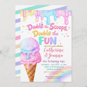 Double the Scoops Birthday ice Cream Glitter Invitation