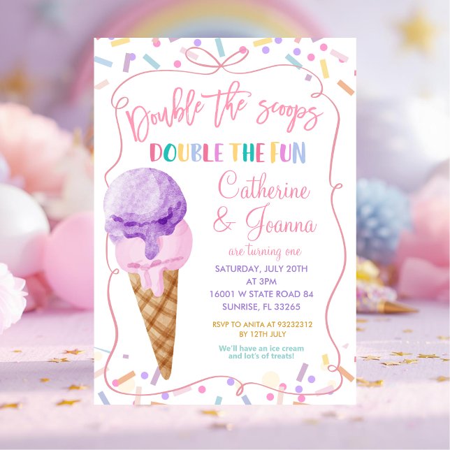 Double the scoops Double Fun Birthday Ice Cream Invitation (Creator Uploaded)