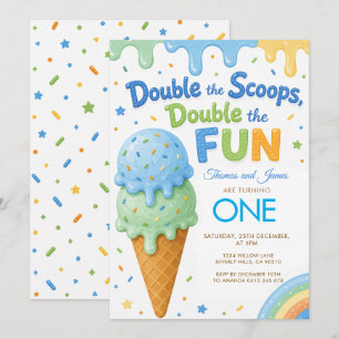 Double the Scoops Double the Fun Boys BIRHTDAY Invitation