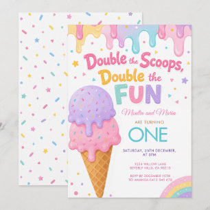 Double the Scoops Double the Fun Twins Birthday Invitation