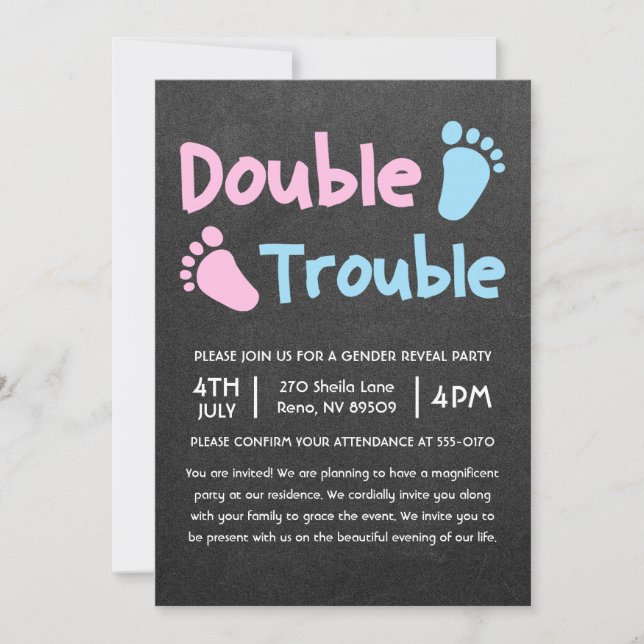 Double The Trouble Chalkboard Gender Reveal Invitation (Front)